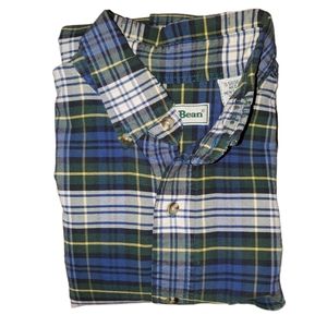 Vintage LL Bean Plaid Button Down Dress Shirt Blue Green Yellow Mens Medium
